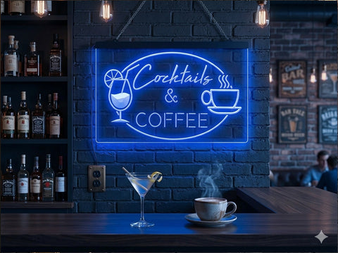 Image of Cocktails and Coffee Illuminated Sign