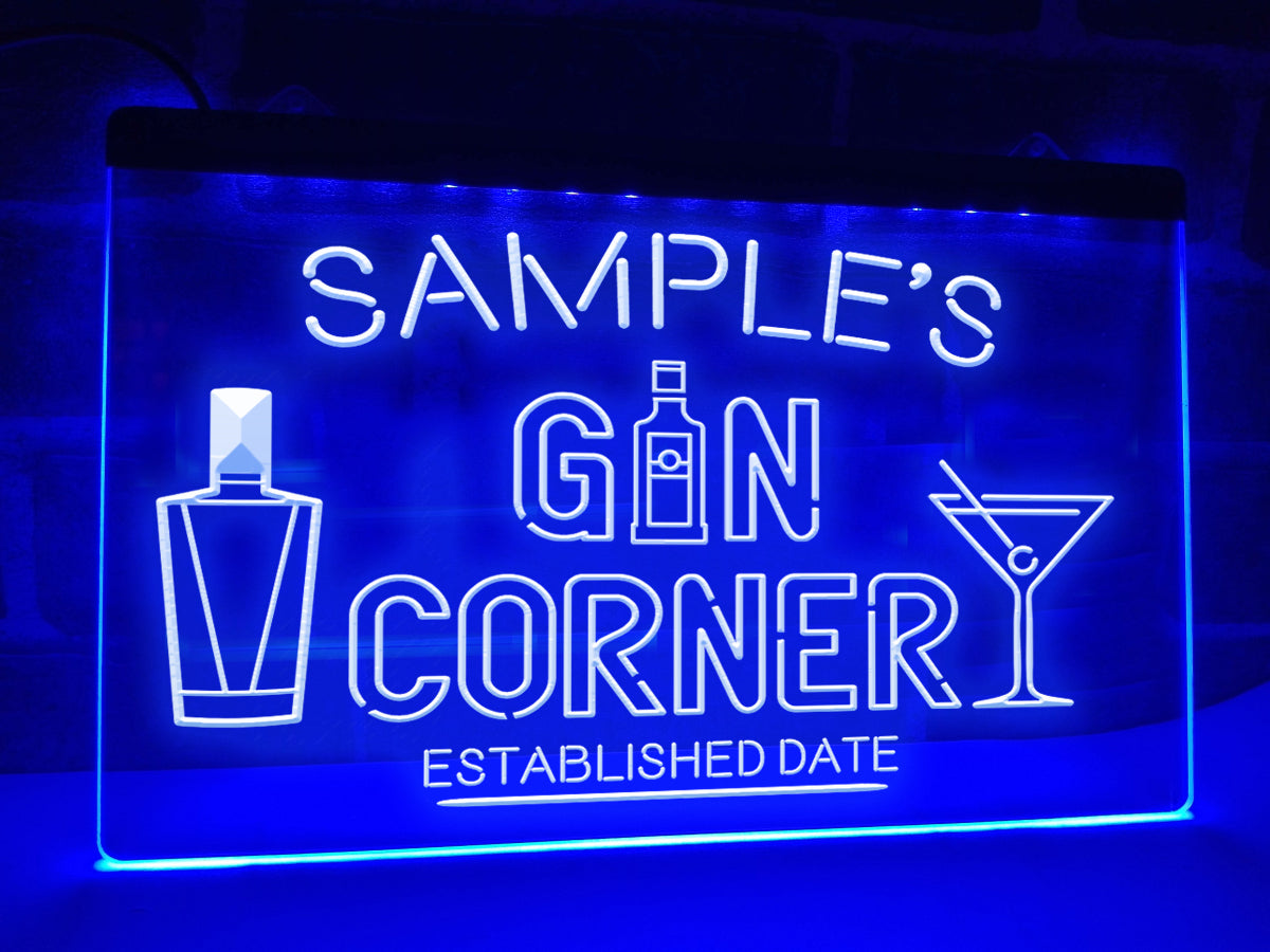 Personalized Gin Corner LED Neon Sign in blue