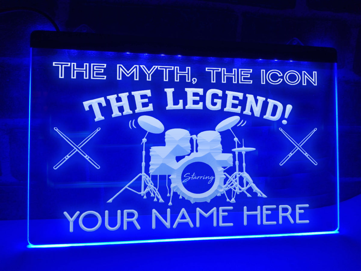Drummer Legend LED neon sign in blue