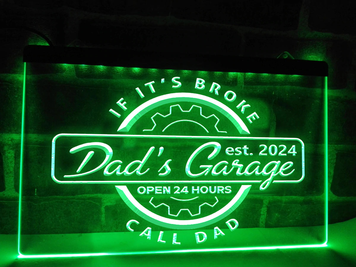 Personalized Dad's Garage LED neon sign in green