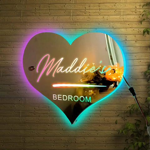 Image of Personalized Bedroom Name LED Neon Heart Mirror