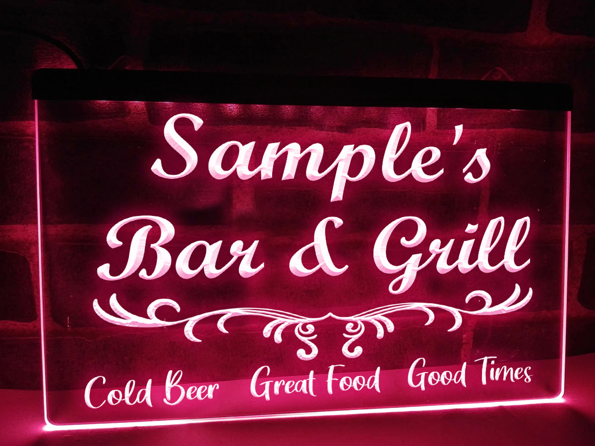 Bar and Grill Personalized LED Neon Sign in Pink