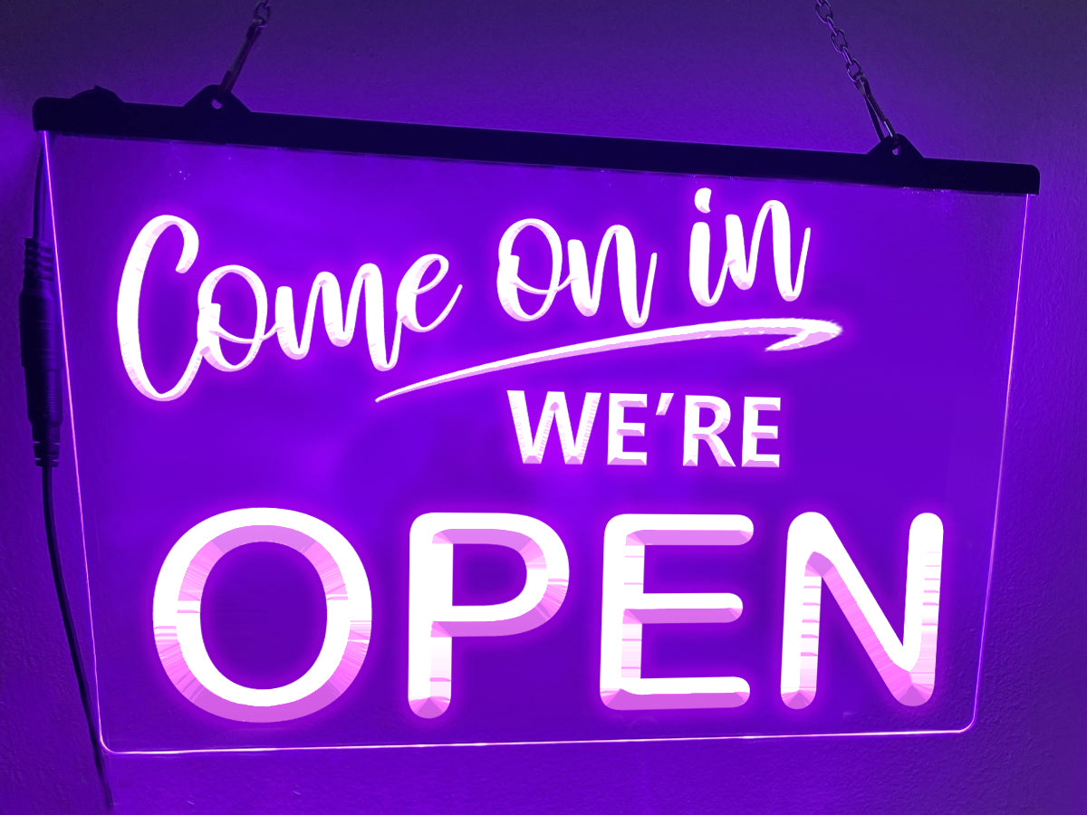 Come on in We're Open LED neon sign in violet