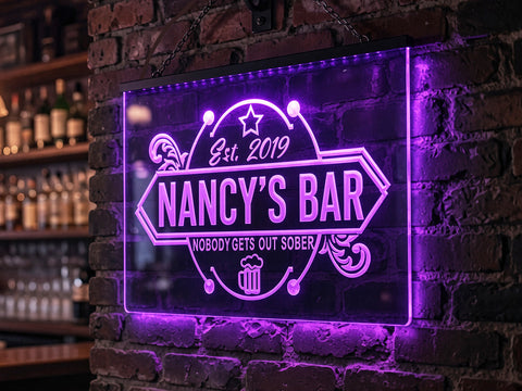 Image of Nobody gets out sober LED bar sign in violet