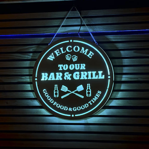 Image of Personalized Backyard Bar & Grill LED Neon Wooden Sign