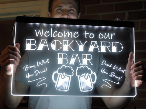 Image of Welcome To Our Backyard Bar Illuminated Sign