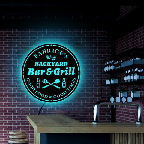 Image of Personalized Backyard Bar & Grill LED Neon Wooden Sign
