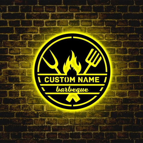 Image of Custom LED Neon Wooden Barbeque Sign - Personalized and Color Changing
