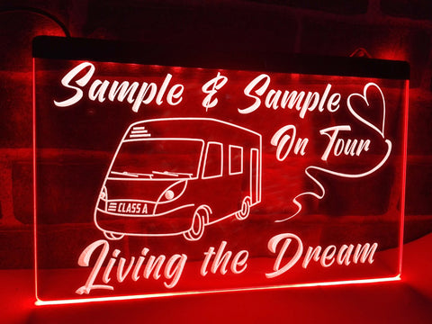 Image of Class A motorhome on tour personalized neon sign red