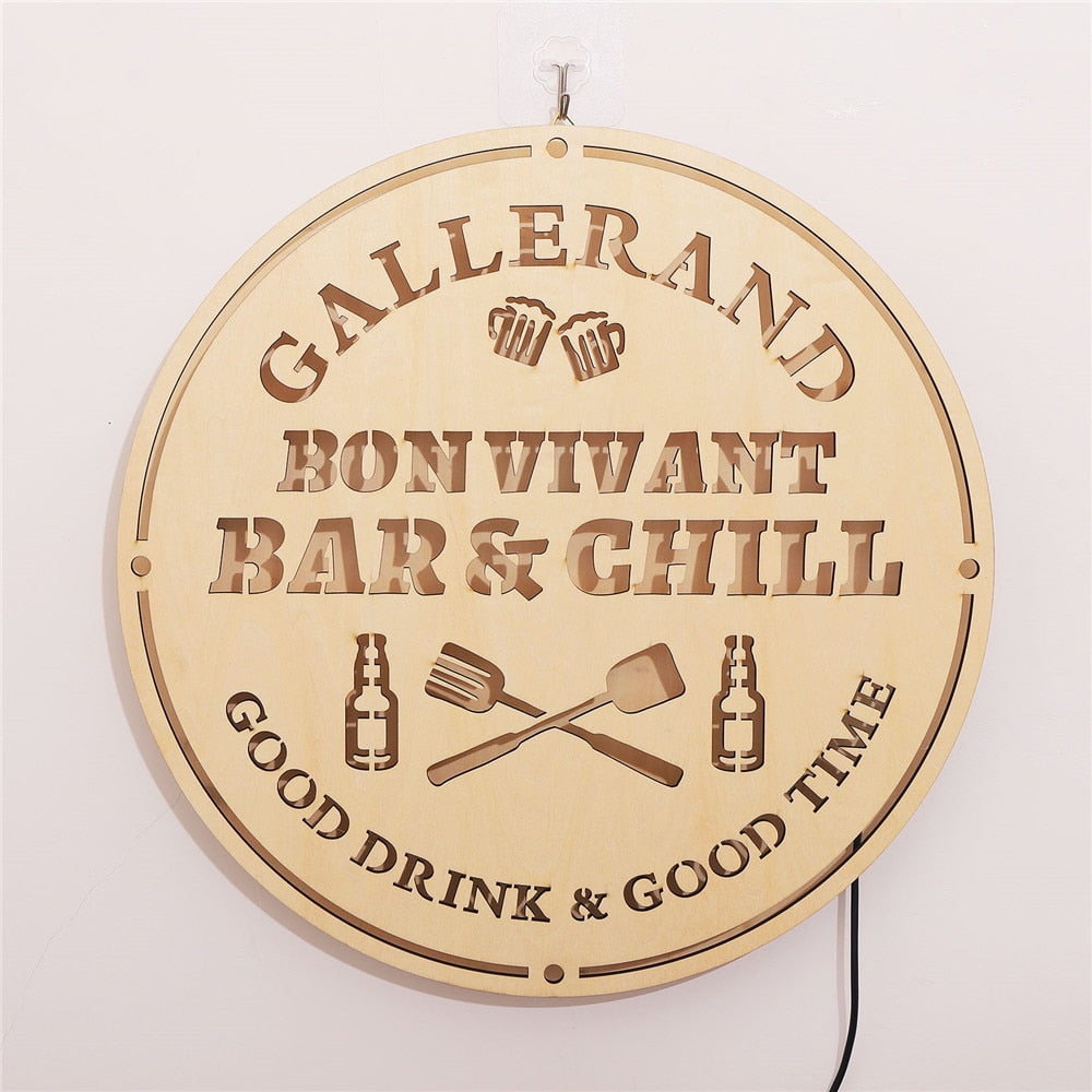 Personalized Backyard Bar & Grill LED Neon Wooden Sign