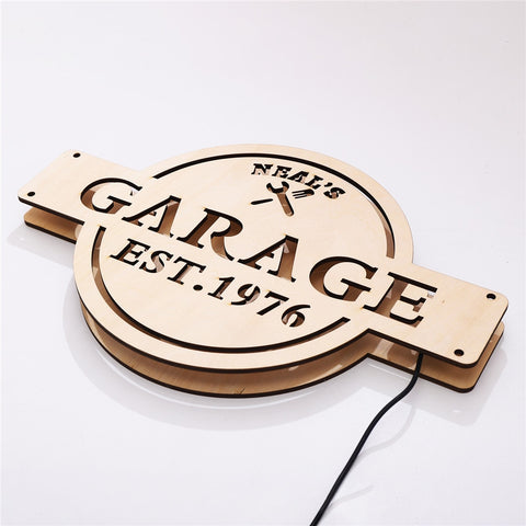 Image of Custom LED Neon Wooden Garage Sign - Personalized and Color Changing