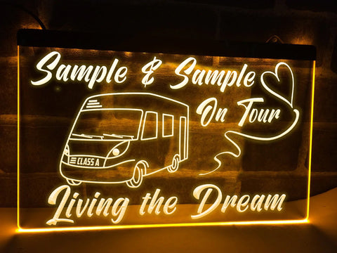 Image of Class A motorhome on tour personalized neon sign yellow