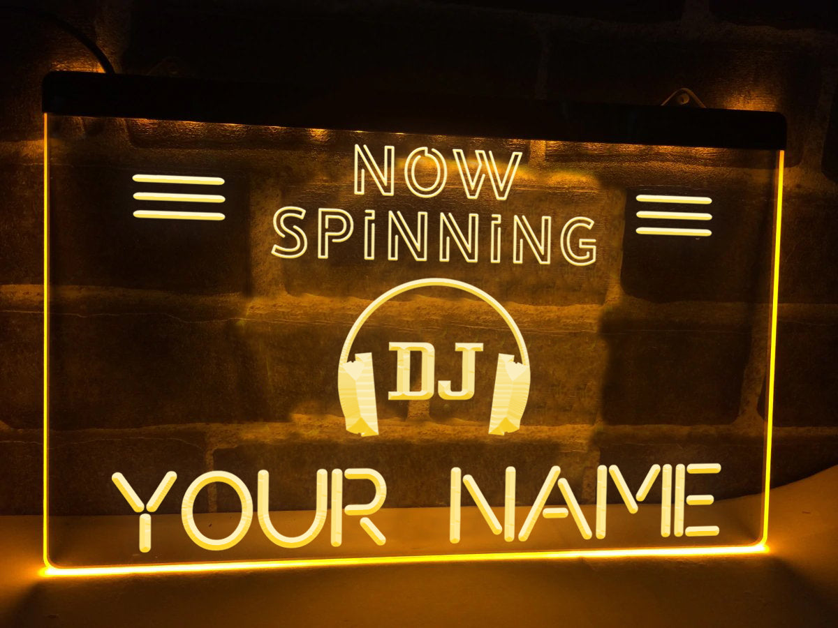 Personalized DJ Spinning LED neon sign in yellow