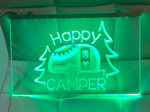 Image of Happy camper Caravan trailer neon sign green