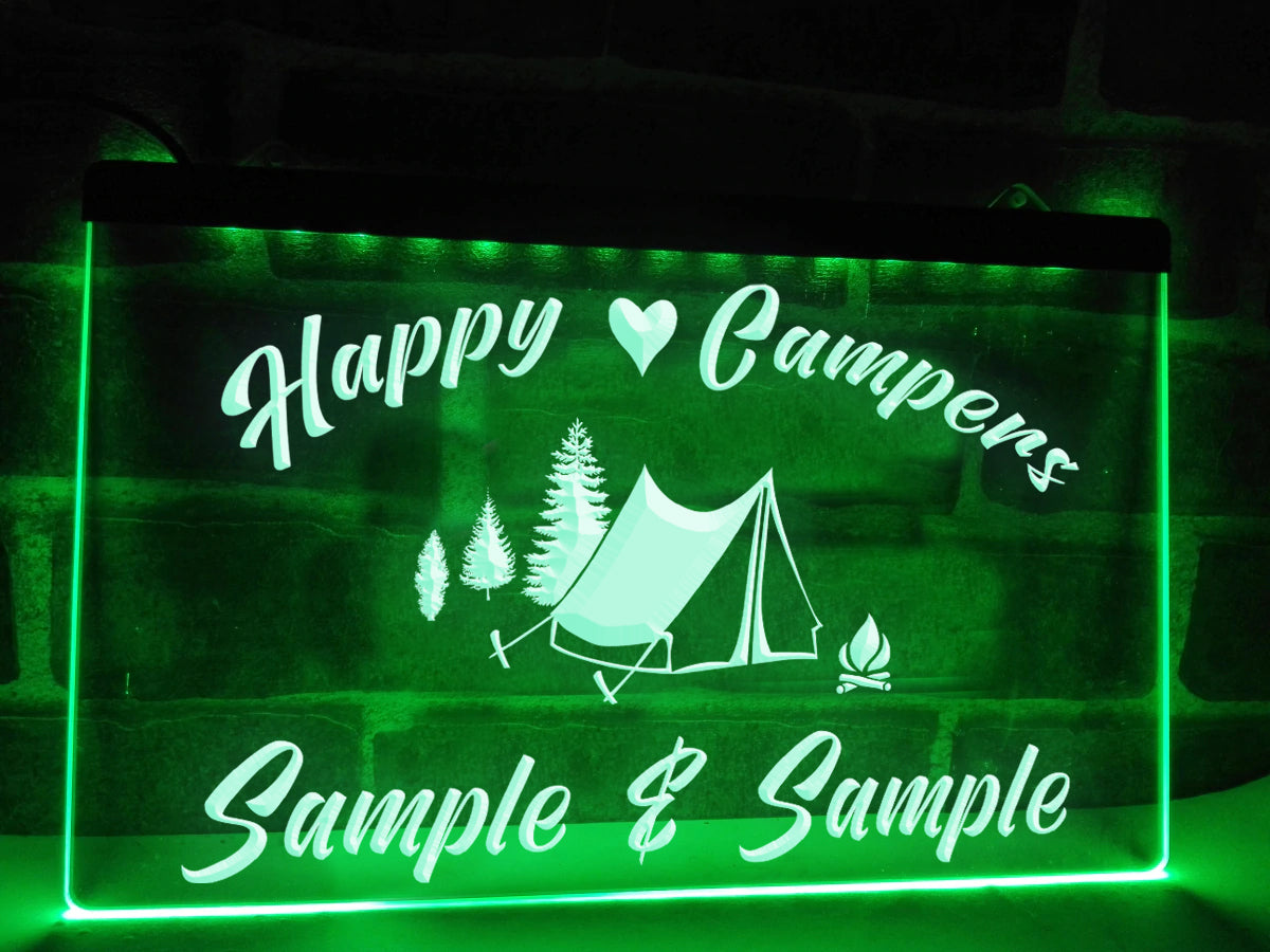 Happy Campers in Tent Personalized LED Neon Sign in green