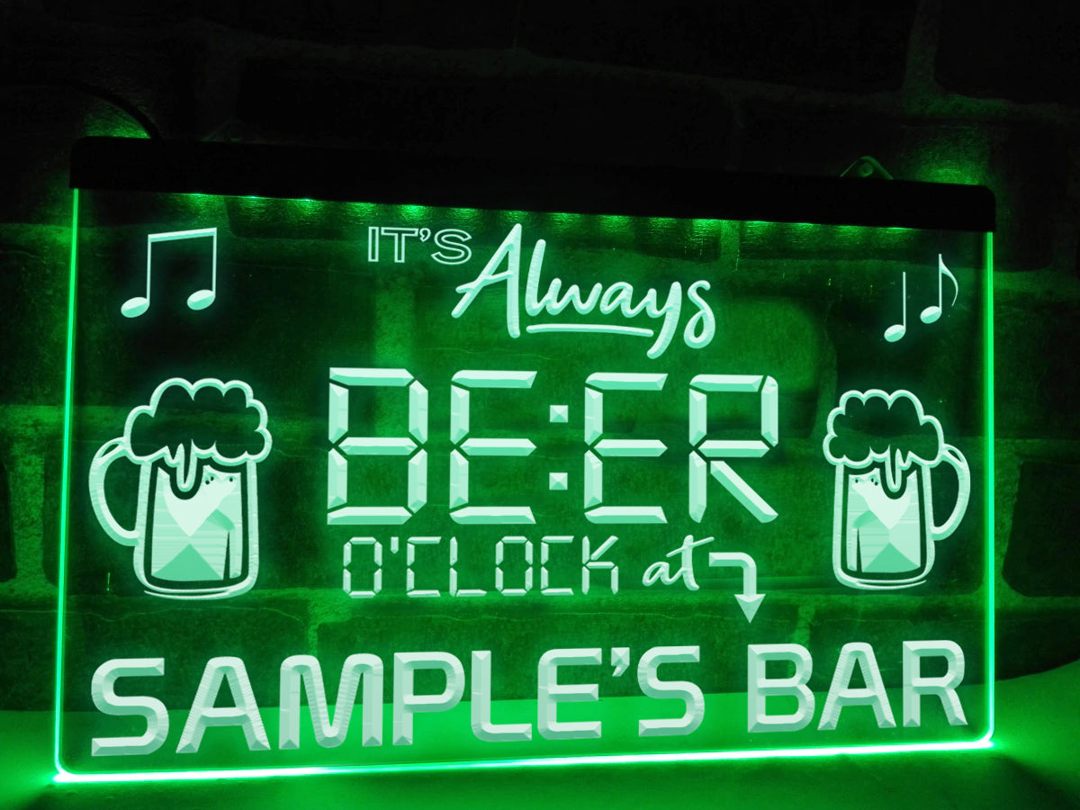 Personalized Beer O'clock LED neon sign in green