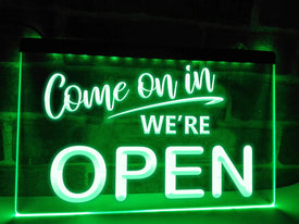 Come on in We're Open LED neon sign in green