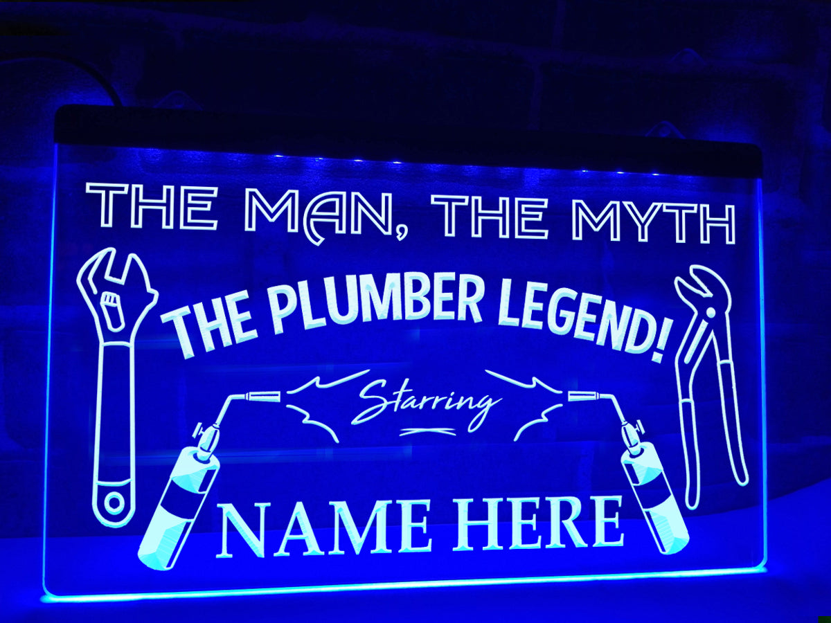 The Plumber Legend Personalized LED Neon Sign in blue