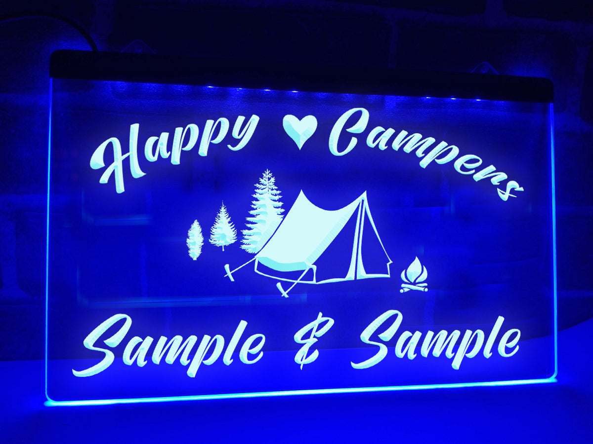 Happy Campers in Tent Personalized LED Neon Sign in blue