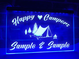 Happy Campers in Tent Personalized LED Neon Sign in blue
