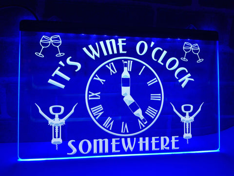 Image of Wine o'clock somewhere neon sign blue