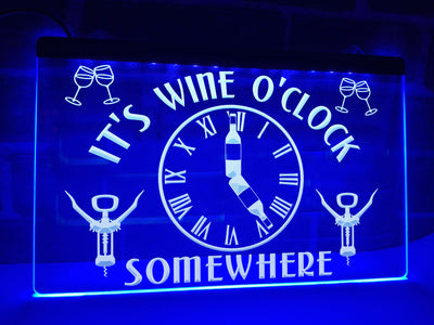Wine o'clock somewhere neon sign blue