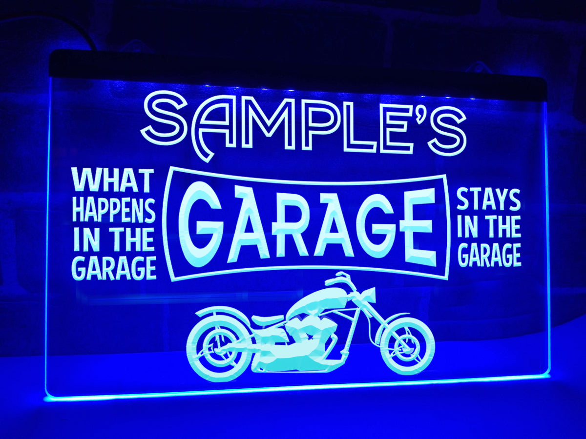 Personalized motorcycle garage LED neon sign in blue