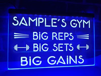 Big gains neon gym sign blue