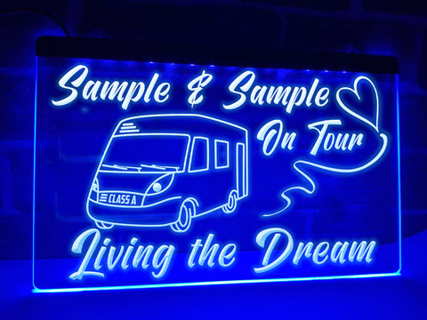 Image of Class A motorhome on tour personalized neon sign blue