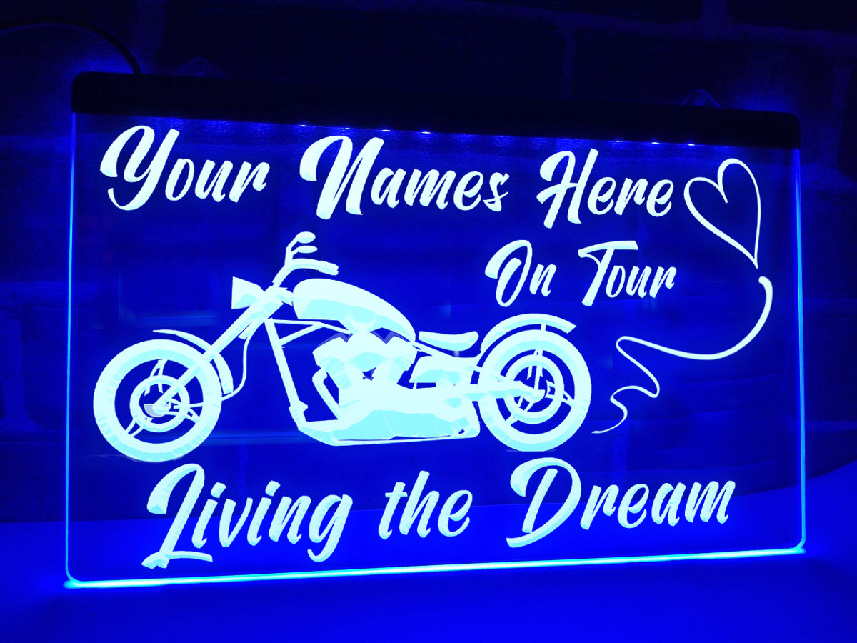 Motorcycle on Tour LED neon sign in blue