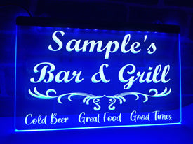 Bar and Grill Personalized LED Neon Sign in Blue