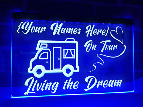 Image of motorhome on tour personalized neon sign blue