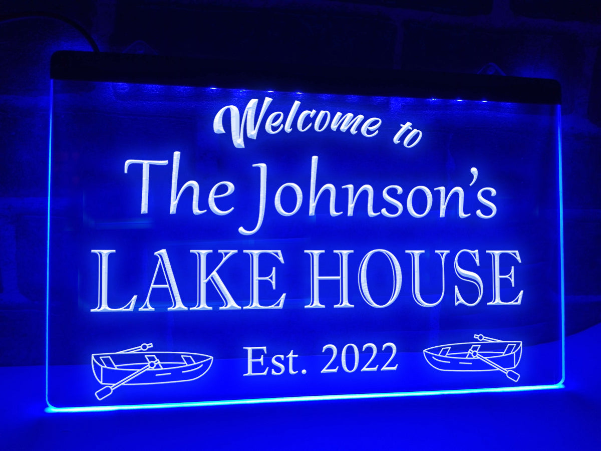Welcome to the Lake House Personalized LED Neon Sign in blue