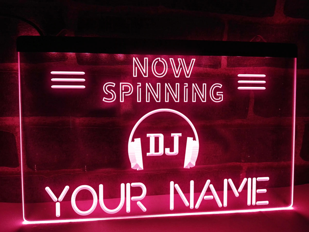 Personalized DJ Spinning LED neon sign in pink
