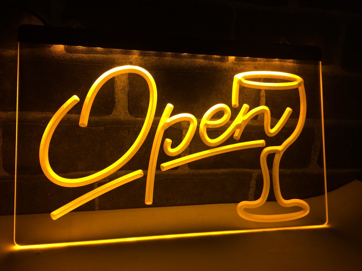Open Wine Bar Store LED Neon Sign in yellow