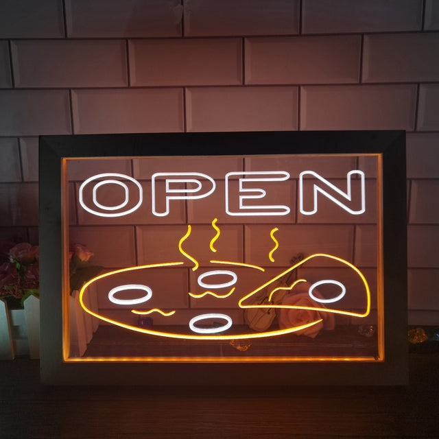 Open Pizza Restaurant Two Tone LED Neon Sign Luxury Framed