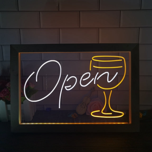 Open Wine Glass Two Tone Sign - Luxury Framed Edition