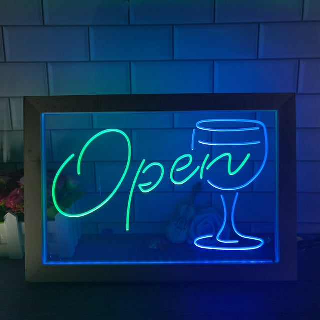 Open Wine Glass Two Tone Sign - Luxury Framed Edition