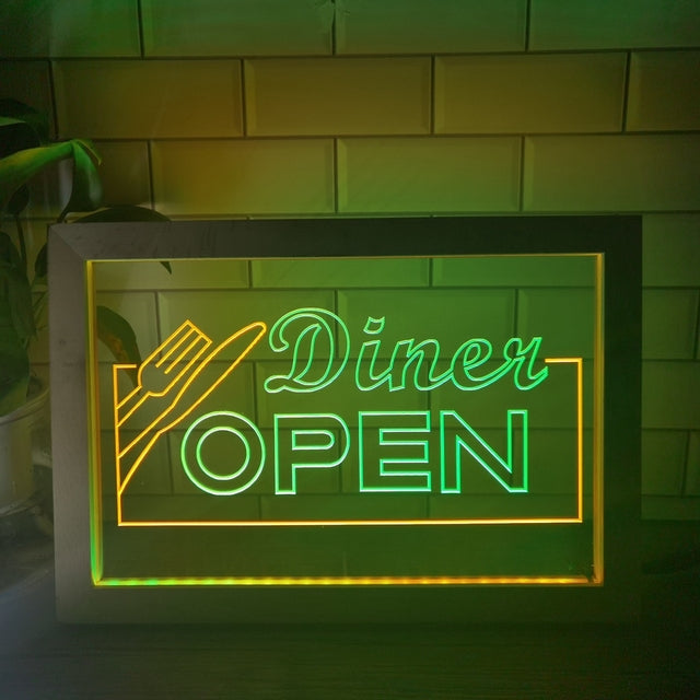 Diner Open Two Tone Sign - Luxury Framed Edition
