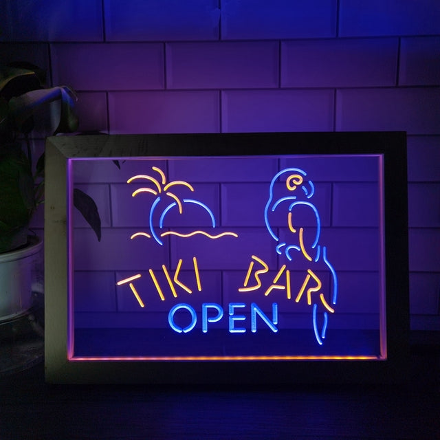 Tiki Bar Open Two Tone Sign - Luxury Framed Edition