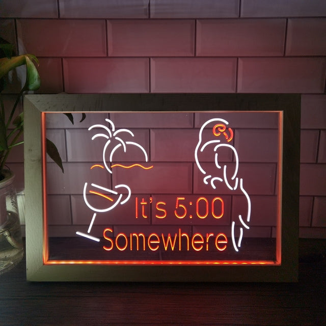 It's Five Somewhere Parrot Two Tone Sign - Luxury Framed Edition