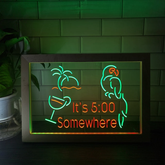 It's Five Somewhere Parrot Two Tone Sign - Luxury Framed Edition