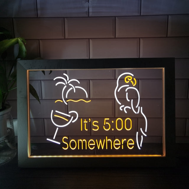 It's Five Somewhere Parrot Two Tone Sign - Luxury Framed Edition