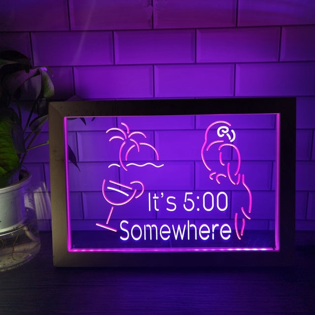 It's Five Somewhere Parrot Two Tone Sign - Luxury Framed Edition