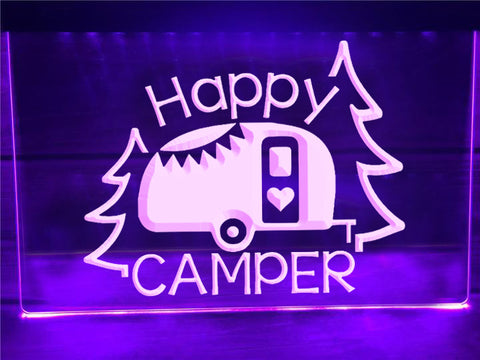 Image of Happy camper Caravan trailer neon sign violet