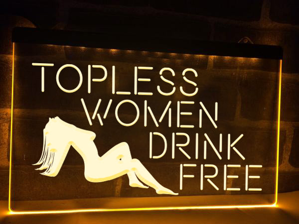 Topless Women Drink Free LED neon sign in yellow